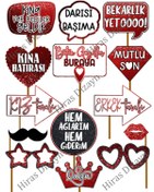 Resim Hiras Dizayn Kına Konuşma Balonu Seti Kırmızı Işıltılı Görünüm Kına Gecesi Gelir Bride Selfie 14'Lü Büyük Boy 