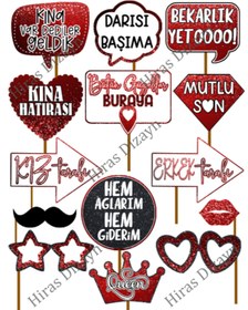 Resim Hiras Dizayn Kına Konuşma Balonu Seti Kırmızı Işıltılı Görünüm Kına Gecesi Gelir Bride Selfie 14'Lü Büyük Boy 