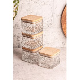 Resim Kare 4'lü Ahşap Kapaklı Cam Kahvaltılık, Çok Amaçlı Çerezlik 230 ml 