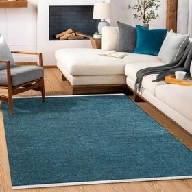Resim Mavi Düz Modern Geometrik Etnik Eskitme Desenli Boho Makinada Yıkanabilir Hafif Hav Toz Vermez Leke Tutmaz Kaymaz Taban Dijital Makine Baskı Halı Oturma Odası Salon Yolluk Koridor Mutfak Halısı 