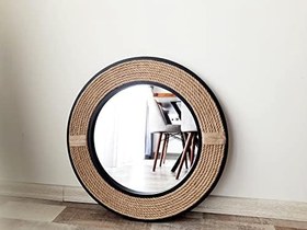 Resim Dfn Wood Siyah Çerçeveli Jut Halatlı Yuvarlak Dekoratif Duvar Salon Banyo Aynası 67 Cm Çap 