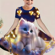 Resim Yaz ve ilkbahar açık hava etkinlikleri, rahat tatiller ve tatlı, sevimli bir stil için uygun, 3D hayvan çiçek desenli kısa kollu kedi elbisesi. 