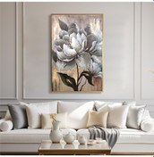 Resim Yağlı Boya Dokulu Tablo Soyut Beyaz Dikey Çiçek Altın Çerçeveli U02041-178894 