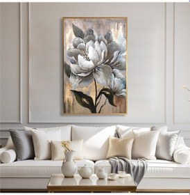 Resim Yağlı Boya Dokulu Tablo Soyut Beyaz Dikey Çiçek Altın Çerçeveli U02041-178894 