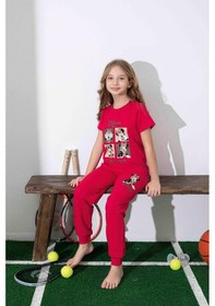 Resim Kız Çocuk Mini Desenli Kırmızı Pijama Takımı-1309 Kırmızı 