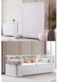 Resim Antalya Çocuk Odası Takımı, Antalya Yavrulu Karyola, Berlin 3 Kapaklı Dolap, Şifonyer - Beyaz Renkli 