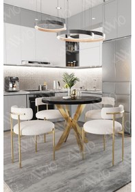 Resim Avvio Lea Mat Gold Ayak 4'lü Teddy Sandalye 90x90 Masa Sandalye Takımı Sandalye Bukle Kumaş Siyah Mermer 