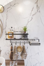 Resim SUNTEL BANYO VE MUTFAK AKSESUARLARI Kancalı Yapışkanlı Banyo Rafı ve Sabunluk Seti - Askılı Banyo Organizer 