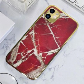 Resim İphone 11 Marble Parlak Mermer Desenli Cam Kare Telefon Kılıfı 