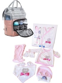 Resim Bebek Bakım Çantası Ve 5 Parça Taşlı Hastane Çıkışı İkili Set Pembe 