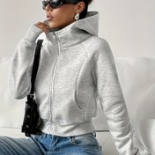 Resim Avrupa ve Amerikan Modası Kadınlar İçin Tek Renk Fermuarlı Yüksek Yaka Kapüşonlu Ceket, Cepli Rahat Spor Tarzı Bol Kesim Kısa Sweatshirt Sonbahar/Kış 