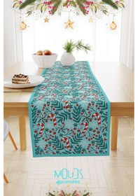 Resim Kokina Mavi Şeker Kamışı Yılbaşı Desenli Runner Masa Örtüsü Dertsiz Süet Dokulu Kumaş Yeni Yıl 