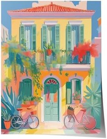 Resim Zestia Çerçevesiz Poster, Akdeniz Evi ve Bisiklet, Salon Dekoru Poster No: 112512 21 x 30 