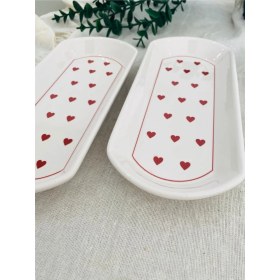 Resim Love Kırmızı Kalp 2 Adet Oval Tabak 