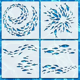 Resim 4 adet 6 İnç Yeniden Kullanılabilir Plastik Balık Okulu Şablonları - Deniz Hayvan Temalı Boyama Şablonları, Duvar Sanatı, Scrapbooking ve Ev Dekoru için, Duvar Sanatı Şablonları | Deniz Temalı Dekor | Dayanıklı Plastik Şablonlar, Balık Dekoru 