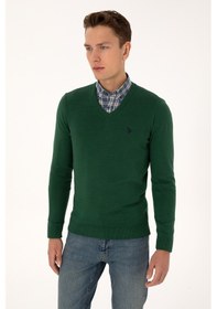 Resim U.S. Polo Assn. Erkek Slim Fit V Yaka Koyu Yeşil Basic Triko Kazak 50313662-VR079 