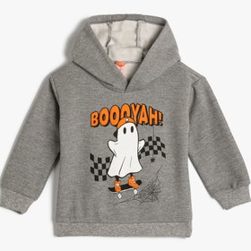 Resim Erkek Bebek Kapşonlu Sweatshirt Uzun Kollu Hayalet Baskı Detaylı Şardonlu 