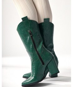 Resim Keri Yeşil Kroko Asimetrik Kesim Topuklu Kısa Çizme 001 