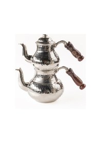 Resim Dmt Gaziantep Bakır Çaydanlık Takımı Ağır El Dövmesi Alt:12 Cm Üst:8,5cm Toplam:1,3lt Ahşap Kulp Gümüş 