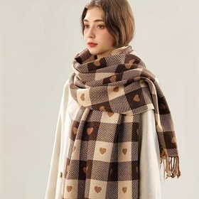 Resim 1/2 adet Kadın Vintage Ekose Kalp Eşarp - Kalın Sıcak Kış Siyah Kahverengi Kontrast, Günlük Seyahat, Ofis ve Sosyal Toplantılar için Çok Yönlü Moda Boyun Sarma, Temel Sonbahar/Kış Aksesuarı, Şık Trendy Eşarp 