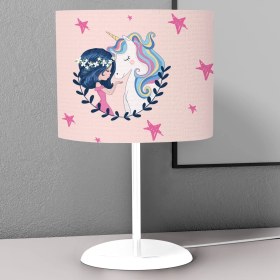 Resim instababyrooms Tozpembe Kız Unicorn Desenli Çocuk Odası Dijital Baskılı Çocuk Odası Masaüstü Abajur Avize 