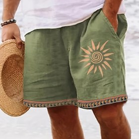 Resim Erkekler için Moda Baskılı Şortlar, Yeşil Günlük Etnik Güneş Totemi Tasarımı, İpli, Esnemez Polyester Kumaş - Noel, Şükran Günü, Yılbaşı Partileri ve Yazlık Dış Mekan Giyimi için İdeal 