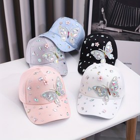 Resim Kelebek Süslemeli Pamuklu Beyzbol Şapkası, Taş Detaylı, Hafif, Ayarlanabilir, Dokuma İşçiliği, Moda Güneş Koruma Şapkası - Durum Temalı 