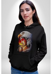 Resim Kartal Kızıl Derili Kadın Erkek Siyah Kapüşonlu Sweatshirt Hoodie Siyah 