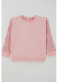 Resim Breeze Kız Çocuk Sweatshirt Kolları Çiçek Aplike İşlemeli File Detaylı 5-10 Yaş, Pembe Pembe 