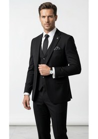 Resim Erkek 3 Parça Slim Fit Takım Elbise Klasik Likralı Kumaş, Tek Düğme, Çift Yırtmaçlı Modern Kesim Ceket Yelek Pantolon Siyah 