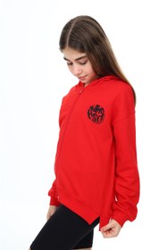 Resim Toontoy Kids Toontoy Kız Çocuk Kapüşonlu Fermuarlı Düşük Omuz Nakış Baskılı Yırtmaç Detaylı Örme Hırka - 3 İplik Şardonsuz 