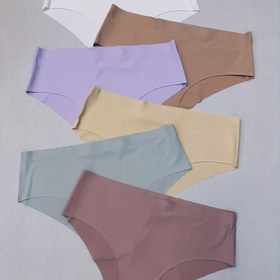 Resim 6'lı Kadınlar İçin Dikişsiz Düşük Bel Bikini İç Çamaşırı Seti - Yumuşak Nefes Alabilen Hızlı Kuruyan Görünmez Külotlar, Düz Renkler (Bej, Mor, Beyaz, Siyah, Gri, Açık Mavi) Günlük Konfor için 