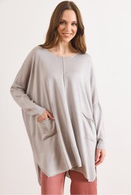 Resim Olalook Kadın Gri Çift Cepli Oversize Yırtmaçlı Uzun Triko Tunik TNK-19000106 