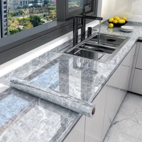Resim Mermer Desenli Mutfak Duvar Kağıdı Sticker - 5MX60CM Su Geçirmez, Yağa Dayanıklı, Yüksek Sıcaklığa Dayanıklı Tezgah, Dolap, Ocak Yenileme Folyosu T04 
