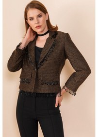 Resim Kadın Püskül Detaylı Kısa Blazer Ceket Kahve 