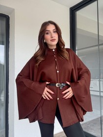 Resim Kemerli düğmeli panço-KAHVERENGİ - STD 