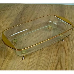 Resim Mini Altın Boyamalı Ayaklı Derin Borcam Sunum Tepsisi Gold Metal Ayaklı Cam Tepsi Altın 