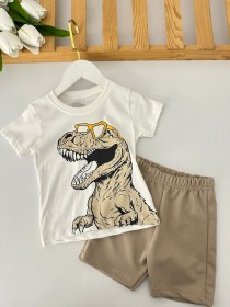 Resim Erkek Çocuk Vizon Dinozor Baskılı Şortlu Takım 