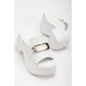 Resim Platform TabanTümyüz Toka Taşlı Cilt Beyaz Kadın Dolgu Topuk Terlik 