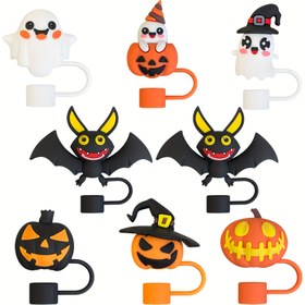 Resim 7 adet Halloween Temalı Silikon Pipet Kapağı - 30oz ve 40oz Tumbler Bardak Aksesuarları, Vampirler, Kabaklar ve Hayaletler ile Eğlenceli Kap Toppers, Şenlik İçecekleri için Mükemmel, Halloween Süsleri 