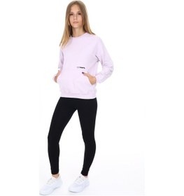 Resim Toontoy Kids Toontoy Kız Çocuk 2'li Takım Baskılı Bisiklet Yaka Düşük Omuz Cepli Sweatshirt & Basic Düz Tayt Açık Lila 