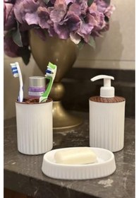 Resim Home Banyo Seti 5'li, Beyaz, Ahşap Desenli, Yuvarlak Siyah 