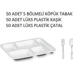 Resim Chs 5 Gözlü 50 Ad. Köpük Tabildot Tabak, 50 Ad. Plastik Çatal, 50 Ad. Plastik Kaşık 