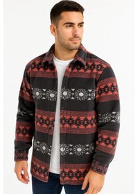 Resim Erkek Desenli Polar Gömlek - Etnik Şerit Desen Yakalı, Uzun Kollu, Düğmeli, Oversize Rahat Kalıp - Füme Siyah 