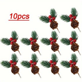 Resim 10 Adet Gerçekçi Çam Kozalaklı & Kırmızı Meyveli Çiçek Süsleri - Yeşil Dallar, Kahverengi Çam Kozalarıyla Noel Ağacı Tepesi, Şömine, Çelenkler ve Garlandlar İçin - Dayanıklı İç/Dış Mekan Dekorasyonu, El Yapımı Detaylar, Festiv Ev Aksesuarları, Köpük Tel Meyveler, Rustik Dekor, DIY El Sanatları 
