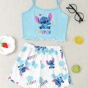Resim Stitch Yaz Kız Pijama Takımı - Sevimli Omuzlu Tank Üstü ve Şort Karikatür Baskılı, Açık Mavi ve Beyaz, Yuvarlak Yaka, Kolsuz, Yumuşak ve Esnek Kumaş, Ev ve Oyun Zamanı için Mükemmel, Oyun Kıyafeti|Eğlenceli Grafik Tasarımı|Esnek Kumaş 