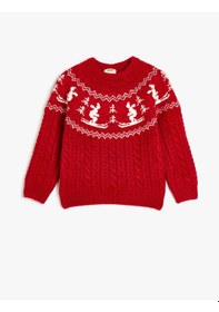 Resim Koton Triko Kazak Kayak Desenli Uzun Kollu Yuvarlak Yaka Kırmızı 5wkg90106at Kırmızı 