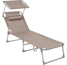Resim Songmıcs GCB192K01 Şezlong, Katlanabilir, 193 x 53 x 29 Cm, Taşıma Kapasitesi 150 Kg, Güneşlik ve Eğilebilir Sırtlık, Bahçe, Havuz, Teras Için, Boz Kahverengi 