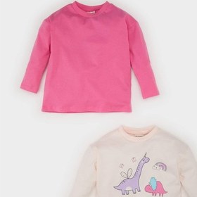 Resim DeFacto Kız Bebek Yenidoğan Bisiklet Yaka Dinazor Baskılı Penye 2'li Uzun Kollu Tişört E6362A525SPPN324 Pembe 