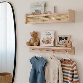 Resim Montessori Ahşap Hazeran 2’li Duvar Rafı Seti – Askılı Mini Raf ve Kitaplık, Doğal Tasarım 